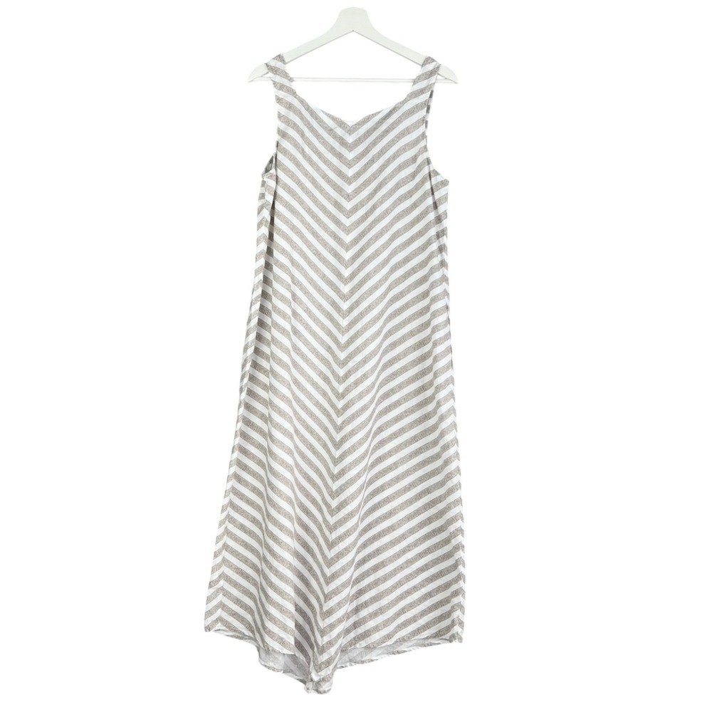 J. Jill Love Linen Tan White Chevron Stripe Sleeveless Maxi Dress Pockets Med